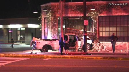 A suspected reckless driver evading police hit a bicyclist before crashing a pickup truck into Wurstkuche on Sunday, Feb. 10, 2013. The restaurant is located at 625 Lincoln Boulevard in Venice.