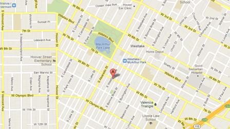 A map indicates the intersection of Westlake Avenue and Eighth Street in the Westlake district of Los Angeles where a man was critically injured by a hit-and-run driver on Friday, Feb. 15, 2013.