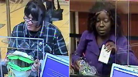 Bank robbers dubbed the Boom Boom Bandit (left) and the Purse Packing Bandit (right) are shown in surveillance still images during bank heists in the Los Angeles area.