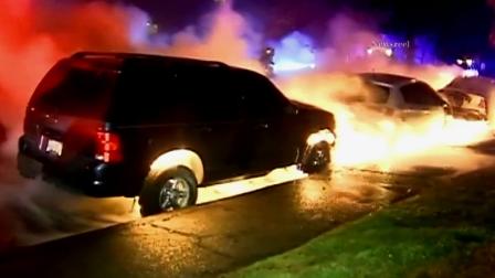 Three cars erupted into a ball of flames in the 5100 block of Tujunga Avenue in North Hollywood Wednesday, Feb. 20, 2013.