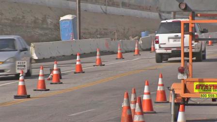 Construction cones are shown on the 405 Freeway during road work in this undated file photo.