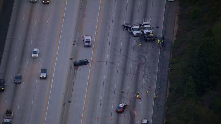 Westbound lanes of the 118 Freeway were closed at White Oak Avenue due to a fatal big rig crash Monday, April 1, 2013.