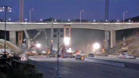 Construction is seen on the I-405 Freeway during a widening project.