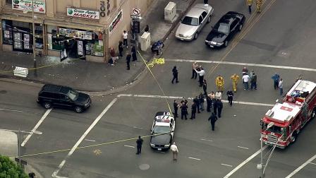 A robbery suspect was shot and killed by police near downtown Los Angeles Wednesday, May 1, 2013.