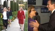 Wendy Greuel, left, and Eric Garcetti, right, meet with voters on Monday, May 20, 2013.