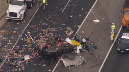 Two people have been killed in a crash involving two trucks on the eastbound 60 Freeway transition road to the southbound 71 Freeway in the Pomona area on Wednesday, May 22, 2013.