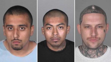 Christopher Chonan Osumi, 19 (left), Meliton Lorenzo Lopez, 23 (center), and Noah Jason Farris, 32 (right), are seen in these photos provided by the Santa Monica Police Department.