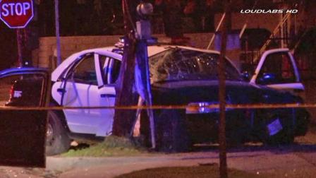 Four Pico Rivera Sheriffs Station deputies were injured when their patrol car slammed into a telephone pole on the 5700 block of Pico Rivera Friday, July 12, 2013.