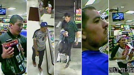 Surveillance still images show the suspects sought in a series of robberies at a 7-Eleven in Echo Park in July 2013.k
