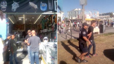 (Left) Los Angeles police officers speak to a vendor in Venice. (Right) A man is taken into custody by Los Angeles police during a sweep of counterfeit goods along the Venice Boardwalk.