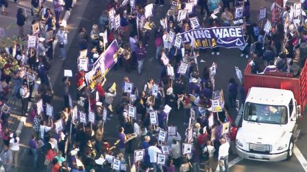 Thousands of Los Angeles County union workers walked off the job to demand higher wages on Tuesday, Oct. 1, 2013.