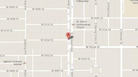 A Google Maps image indicates the location of a fatal drive-by shooting in the 1000 block of West 92nd Street in unincorporated Los Angeles on Saturday, Oct. 12, 2013.