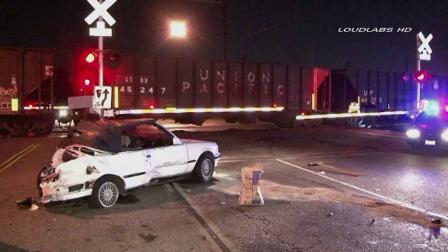 A freight train slammed into a car near the intersection of Olympic and Montebello boulevards in Montebello Saturday, Oct. 19, 2013.