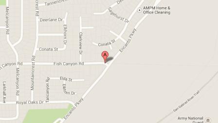 A Google Maps image indicates the location of a series of brush fires near Encanto Parkway and Fish Canyon Road in Azusa on Sunday, Nov. 24, 2013.