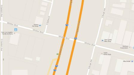 A map indicates the area near the Whittier Boulevard exit of the 710 southbound Freeway where a two-vehicle crash left one person dead Friday, Nov. 29, 2013.