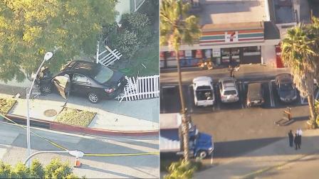 Culver City police officers shot a man who crashed a stolen car into a house and pointed a shotgun at them Friday afternoon.
