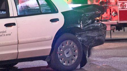 A Los Angeles Police Department patrol vehicle is shown after it was rear-ended by a suspected drunk driver on Tuesday, Jan. 21, 2014.