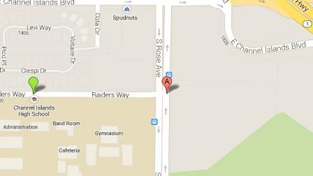 A map shows the intersection of Rose Avenue and Raiders Way in Oxnard.
