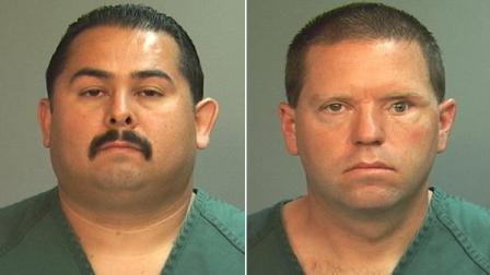 Fullerton Police Department Officer Manuel Ramos (Left) and Corporal Jay Cicinelli (Right) in booking photos.