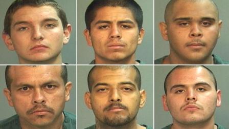 (From left to right) Curt Rodriguez, 18; Steven Quirino, 20; Andrew Perez, 19; Robert Figueroa, 40; Edgar Perez, 25; Anthony De La Cruz, 18, were arrested for allegedly taking over an elderly Santa Ana veterans home and using it as a gang headquarters.