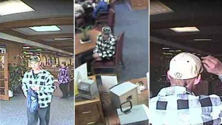 Images of the suspect who robbed a Seal Beach U.S. Bank branch is shown in surveillance video still images.