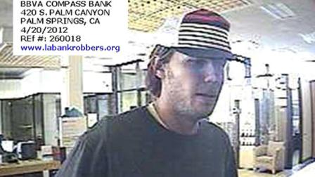 The FBI released a new picture of the so-called Snowboarder Bandit after he robbed a bank in Palm Springs on April 20. 2012.