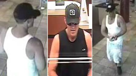 Authorities released these surveillance photos of a robbery suspect known as the Bare Arm Bandit. He robbed two Wells Fargo banks in Santa Ana in June 2012.