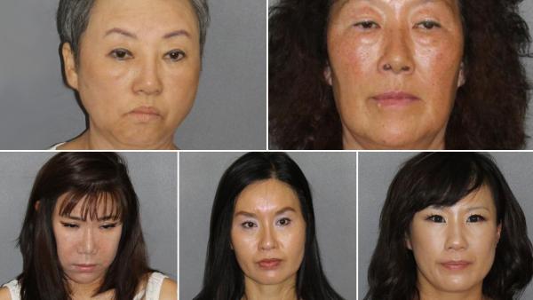 (Left to right, top to bottom) Soon Keun Kim, Chong Suk Yi, Mee Hwa Shin, In Sook Kim, Eun Yong Park are shown in booking photos provided by the Irvine Police Department.
