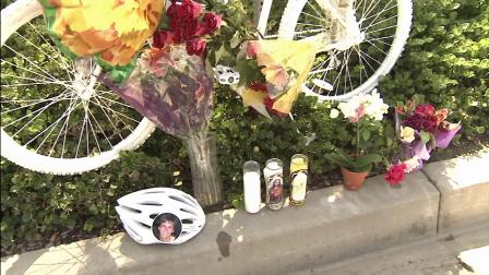 A memorial is seen where a 57-year-old woman was fatally struck by a pickup truck while riding her bicycle in Newport Beach on Saturday, Sept. 15, 2012.