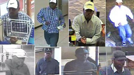 Surveillance photos show a man suspected of being the serial bank robber who has been dubbed Dont Even Bandit.