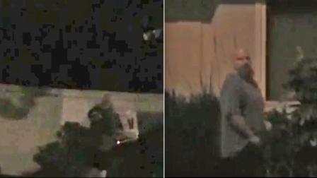 This split image shows a man taking down Measure V signs in Costa Mesa (left) and the same man glancing across the street after taking the signs down (right). He is wanted for vandalizing campaign signs in the city.