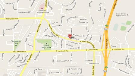 A map indicates the area near State College Boulevard and Lambert Road in Brea where Huntington Beach police observed three wanted suspects burglarize a residence on Monday, Nov. 5, 2012.
