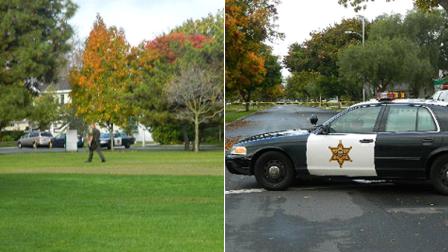 An Orange County sheriffs deputy (left) and patrol car (right) are shown near the scene where bottles with unknown substance were found in the Rossmoor neighborhood in Orange County on Sunday, Dec. 2, 2012.