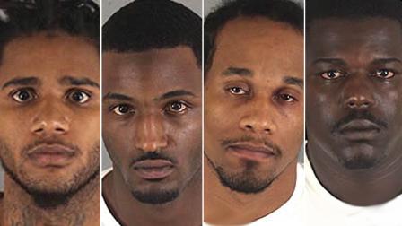 Roosevelt Fernandez, Traevon Vidaud, Damian Banks and Jerome Allen are shown in booking images. They are accused of robbing a Moreno Valley jewelry store, fleeing from law enforcement and triggering a lockdown at Cal State Fullerton.