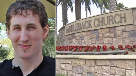 (Left) Matthew Warren, son of Saddleback Church Pastor Rick Warren, is seen in this undated file photo. (Right) A sign at Saddleback Church in Orange County is shown in this Sunday, April 7, 2013 file photo.
