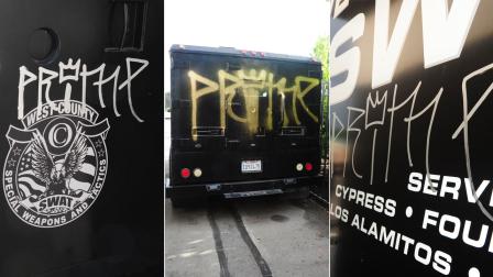 Cypress police officers discovered graffiti on a SWAT vehicle in a secure parking lot Tuesday, May 7, 2013.