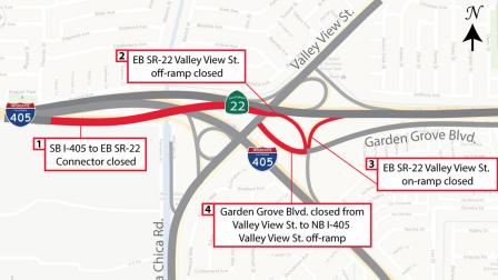The freeway connector between the southbound 405 and the eastbound 22 will be closed for 55 hours over the weekend of July 27, 2013.
