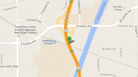 This Google Maps image indicates the location where a body was found on the northbound 57 Freeway in Anaheim on Saturday, July 27, 2013.