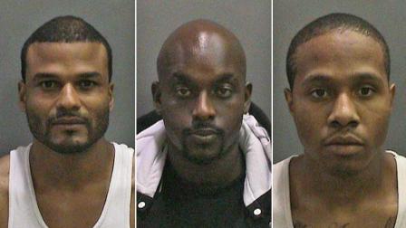William Golightly, 35, of Los Angeles, Tesfaye Ringwood, 30, of La Habra and Kyle Robinson, 26, of West Covina are shown in booking photos provided by the Orange County Sheriffs Department.