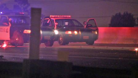 Police are seen on the 55 Freeway in Santa Ana after a man ran across lanes of the freeway on Sunday, Aug. 25, 2013.