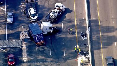 Nine people were injured when a semi-truck collided with several vehicles on Interstate 5 in San Clemente Thursday, Oct. 24, 2013.