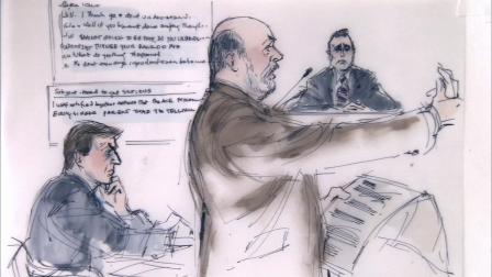 A courtroom sketch shows Kent Easter listening as an Irvine police officer testified during his trial on Tuesday, Nov. 12, 2013.