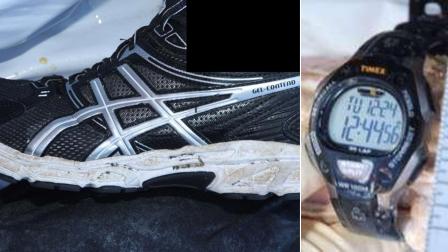 A mans body was found off the Newport Beach coast on Dec. 24, 2013. Sheriffs investigators say the man was wearing size 11 black Asics running shoes and a black Timex watch with a plastic band, shown above.