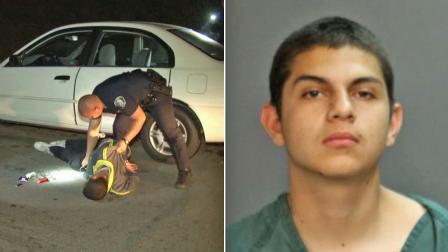 Osvaldo Vallejo, 18, a carjacking and stabbing suspect, is shown being taken into custody in Santa Ana on Monday, Jan. 20, 2014. The Santa Ana Police Department released his booking photo, seen on the right.