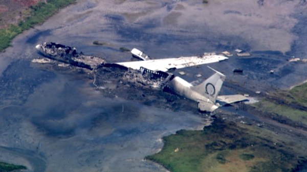 An aerial view of the wreckage from the Boeing 707 plane crash at Point Mugu naval air base in Ventura County on Thursday, May 19, 2011.