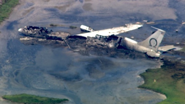 An aerial view of the wreckage from the Boeing 707 plane crash at Point Mugu naval air base in Ventura County on Thursday, May 19, 2011.