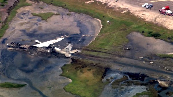 An aerial view of the wreckage from the Boeing 707 plane crash at Point Mugu naval air base in Ventura County on Thursday, May 19, 2011.