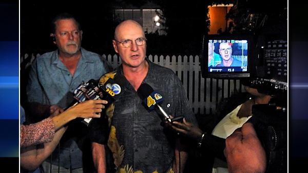 Jeff Casher, left, and Bill Bennett, technical support staff members for the Sunderland family, talk to reporters outside the Sunderland home, Thursday, June 10, 2010, in Thousand Oaks, Calif.