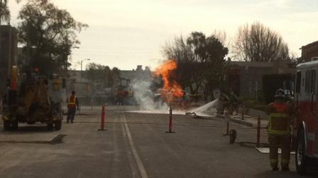 Crews repairing the citys water system ruptured a gas line, igniting a fire on Morse Avenue in Ventura Thursday.