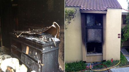 The charred remains of an apartment unit (left) and its exterior (right) on the 700 block of Hill Street are shown in images provided by the Ventura City Fire Department.